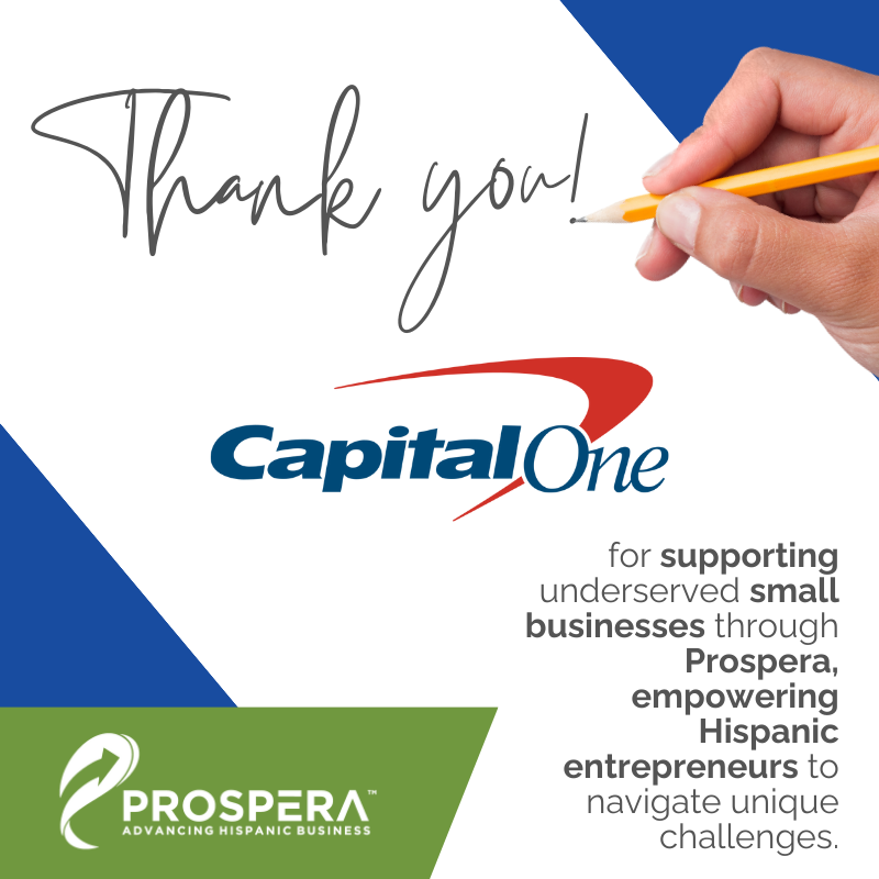 ProsperaUSA's tweet photo. THANK YOU @CapitalOne for supporting underserved small businesses through Prospera, empowering Hispanic entrepreneurs to navigate unique challenges! ๐ค
๐ Your contribution to our organization help us advance Hispanic businesses year round! โ๐ค๐งโ๐คโ๐ง๐ฟ
#ProsperaFunders https://t.co/FzRreh8fwK