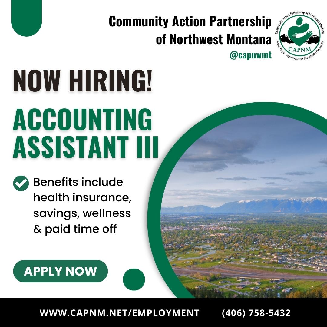CAPNWMT's tweet photo. We’re #hiring in our #Kalispell office for an #Accounting Assistant III vacancy starting at $23.18/hour plus great #benefits including #health insurance, #savings, #wellness and #paidtimeoff!
#Applications will be accepted until the #position is filled. #CAPNM is an EOE.
#Apply https://t.co/TJZEpZcb5H