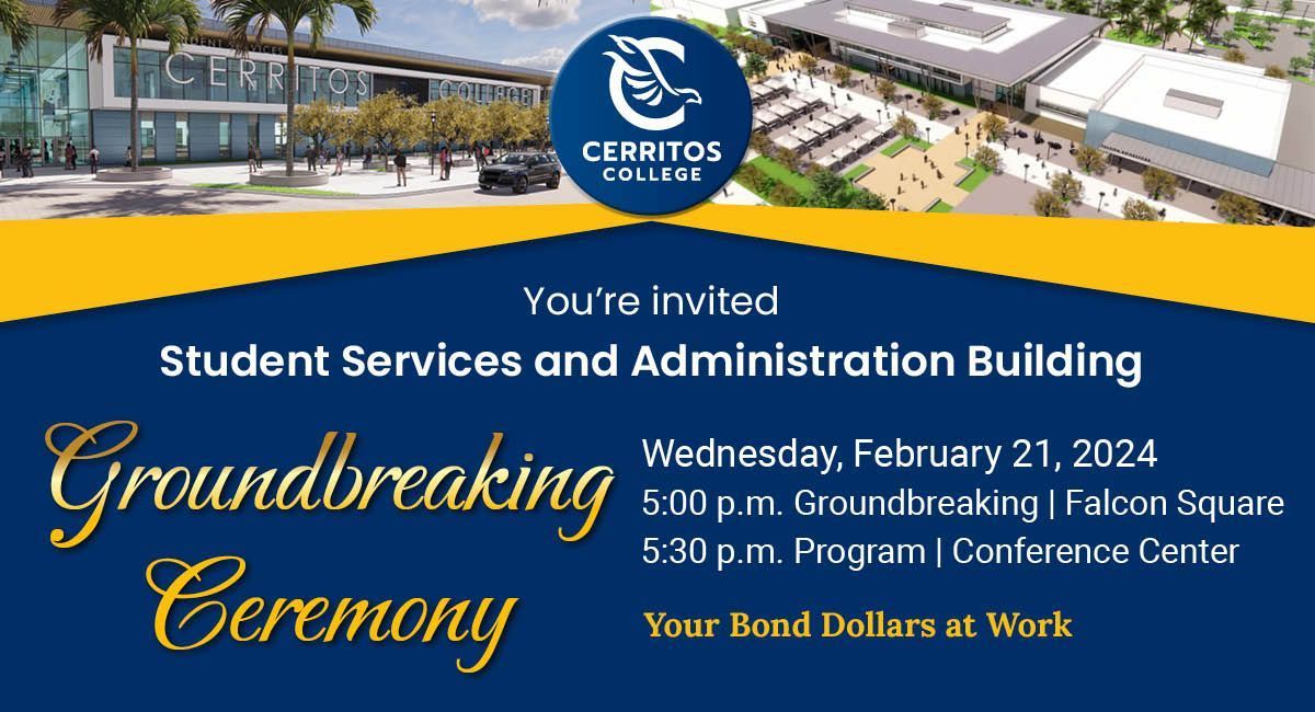 Celebrate with us as we break new ground on the new Student Services & Administration Building on 2/21 at 5 p.m. Hailed as the new gateway to #CerritosCollege, the project will house a number of student services all in one central location. RSVP at buff.ly/49pmi5k ✨