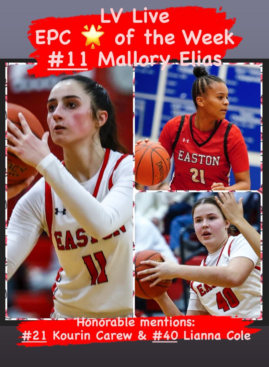 Easton Girls Basketball (@girlseaston) on Twitter photo 🌟Congratulations to our #11 <a href="/MalloryElias11/">Mallory Elias</a> for being named LV Live EPC 🌟 of the Week‼️
🌟Congratulations to our #21 <a href="/KourinCarew/">Kourin Carew</a> & our #40 <a href="/Liannacole40/">Lianna Cole</a> for being named as honorable mentions‼️
“Alone we do little, together we do it all” ❤️🐾🏀 🌟Congratulations to our #11 <a href="/MalloryElias11/">Mallory Elias</a> for being named LV Live EPC 🌟 of the Week‼️
🌟Congratulations to our #21 <a href="/KourinCarew/">Kourin Carew</a> & our #40 <a href="/Liannacole40/">Lianna Cole</a> for being named as honorable mentions‼️
“Alone we do little, together we do it all” ❤️🐾🏀
