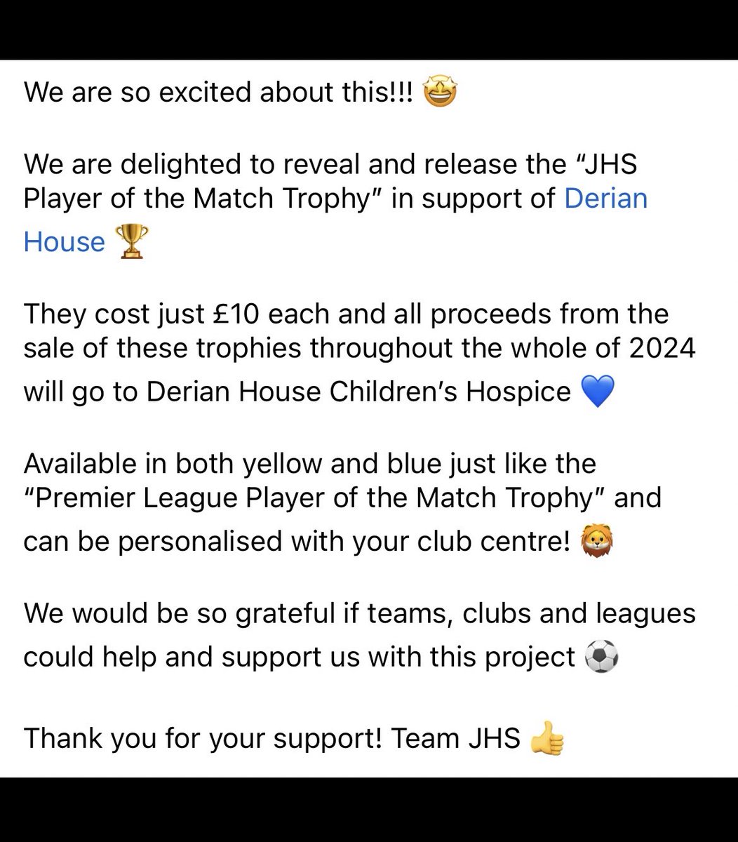 JHSportsLtd's tweet photo. We are delighted to reveal and release the “JHS Player of the Match Trophy” in support of Derian House Children’s Hospice 🏆

Information below. Thank you for your support! 💙 https://t.co/SzM102Kd4D