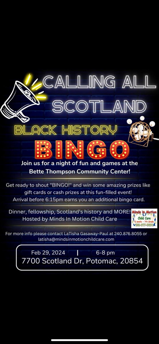 GasawaySisters's tweet photo. Join us for an exciting night of bingo, prizes, and celebrating Scotland’s black history at the Bette Thompson Community Center! Don’t miss out on this fun-filled event with dinner, fellowship, and more. Hosted by Minds In Motion Child Care. Feb 29, 2024, 6-8 pm. #blackhistory https://t.co/x7UrrhR9pE
