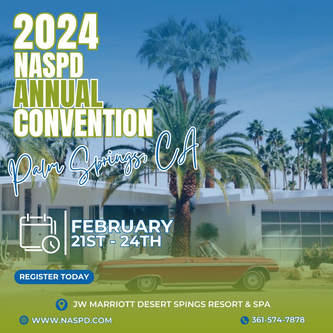 NaspdOfficial's tweet photo. If you have not yet registered for the 2024 Annual Convention in Palm Springs, CA, hurry over and register today!
https://t.co/qeqhWheJSV https://t.co/H7dq4CpZYV