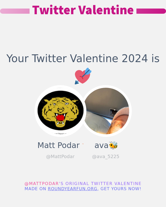 MattPodar's tweet image. My Twitter Valentine 2024 is going to be: @ava_5225

➡️ funxgames.me/twittervalenti… #valentinesday2024 #ValentinesDay