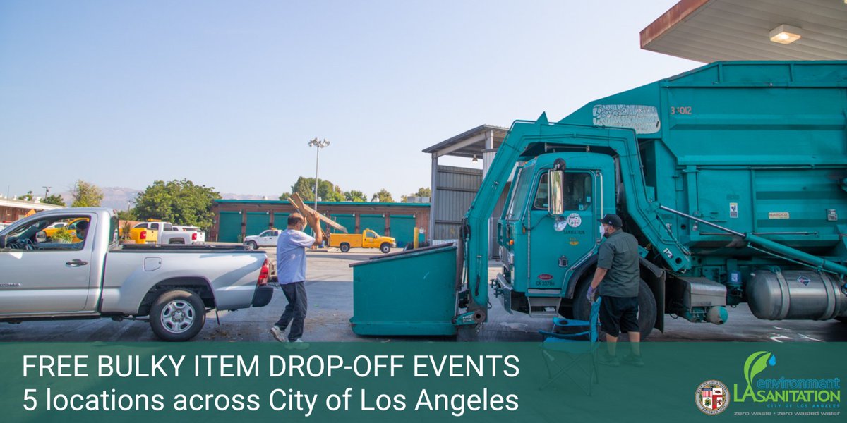 LACitySAN's tweet photo. Don't forget! Tomorrow is our FREE #bulkyitem drop-off event at 5 locations around @lacity.
You bring the items to us, we'll take them to the #landfill for you. Easy-peasy!
Details:
https://t.co/V7QGOFk4Qt
#trash #junk #losangeles #cleanla #community #fightblight #cleanstreets https://t.co/p5y3NWnJ3q