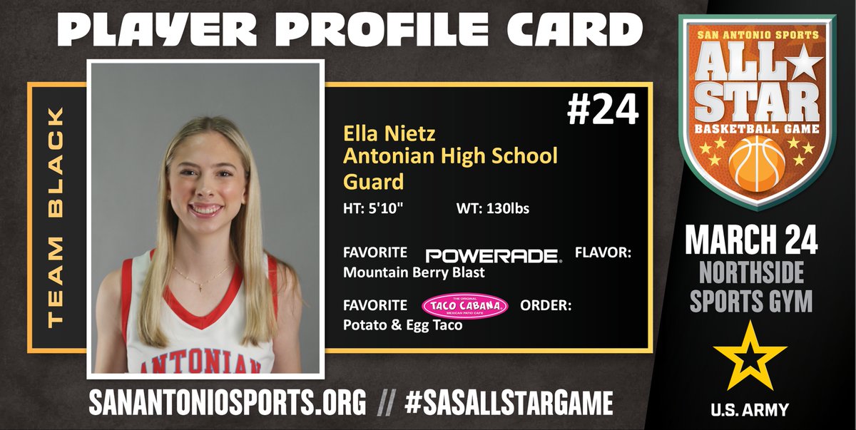 Meet <a href="/EllaNietz/">Ella Nietz</a> from <a href="/AntonianBBall/">Antonian Boys Basketball</a> who will compete in the San Antonio Sports All-Star Basketball Game at the Northside Sports Gym on March 24th! @usarmysatx #SASAllStarGame <a href="/USArmy/">U.S. Army</a> #BeAllYouCanBe