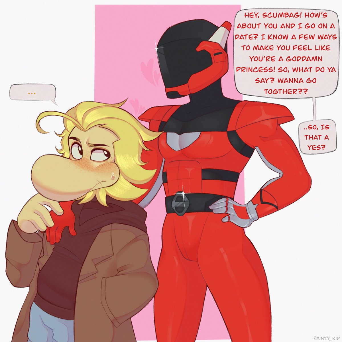 rainyy_kid's tweet photo. i liked to think that ramon isn’t sure about dating red, but he is bit flattered by red’s humor (i must confess that i laughed at red’s ridiculously jokes in the show-) 😭 #CaptainLaserhawk #redray https://t.co/1ZNByfzVDa