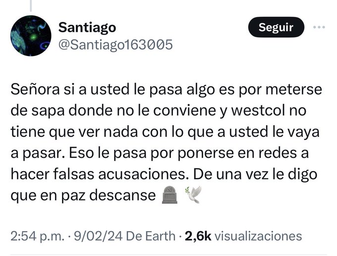El streamer @WestCOL_ amenaz&oacute; en vivo a un periodista por publicar una nota que lo acusaba de maltrato<a class="tags" target="_blank" title="On Twitter" href="/?out=eyJ0eXAiOiJKV1QiLCJhbGciOiJIUzUxMiJ9.eyJpYXQiOjE3MjE2OTY0OTQsImlzcyI6InR3cG9ybnN0YXJzLmNvbSIsIm5iZiI6MTcyMTY5NjQ5NCwiZXhwIjoxNzUzMjMyNDk0LCJyZWRpcmVjdF91cmwiOiJodHRwczovL3R3aXR0ZXIuY29tL1dlc3RDT0xfIn0.xGiGgQ96GRwV97kxLSXXWaqlyIenMDiI1ch86xd3WtUZQ0oHRUsMs3u67uHrDU5whckRDt9b0UVm3ICV139oLw">@WestCOL_</a>