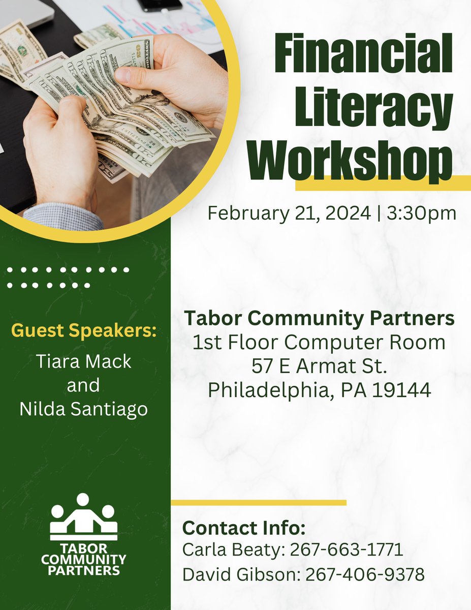 💰 Boost your financial know-how at the Financial Literacy Workshop by <a href="/TaborServices/">Tabor Services</a> on Feb 21, 2024, at 3:30 pm in the Tabor Community Partners' 1st Floor Computer Room (57 E Armat St, Philadelphia, PA). Learn essential skills for financial well-being!