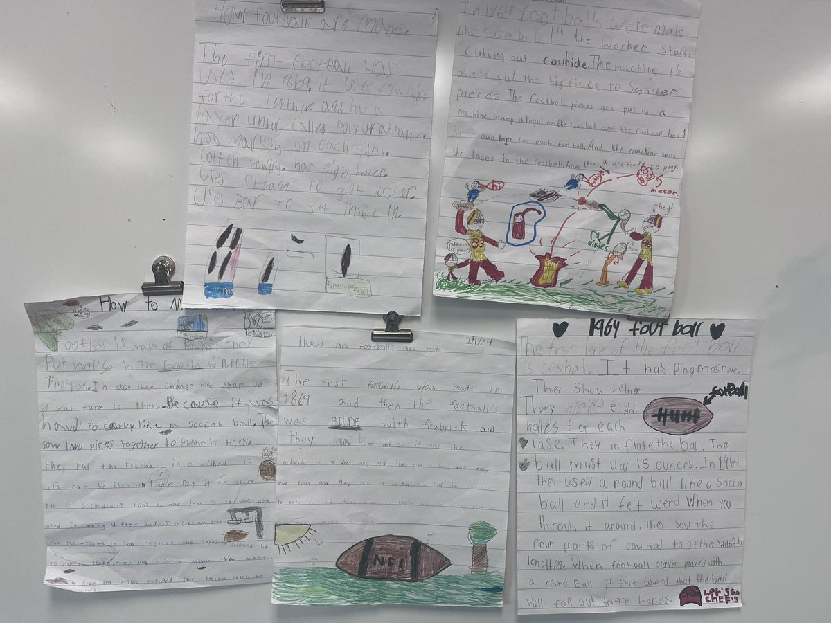 Lgrew_JCE's tweet image. Students watched a informational video on how footballs are made. Then they had to create a one pager retelling that information and using text features. #buffvengers #TeamSISD #howitsmade #grewcrew