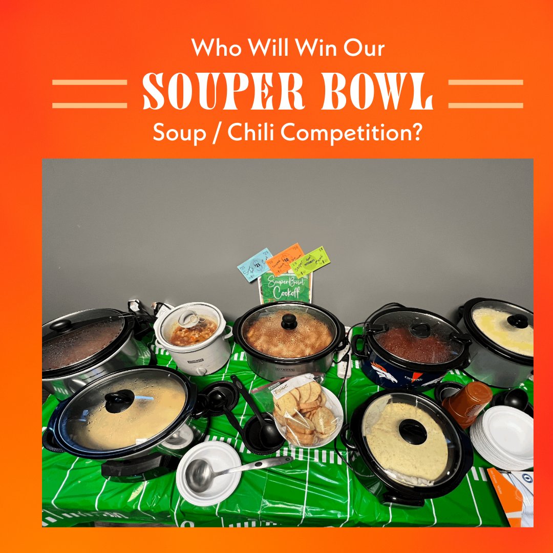Our team is ready for a big game this weekend..but first, our very own SOUPer Bowl party! Yum! #happyfriday #teamFJIC #SouperBowl #footballfun #hereforthesnacks