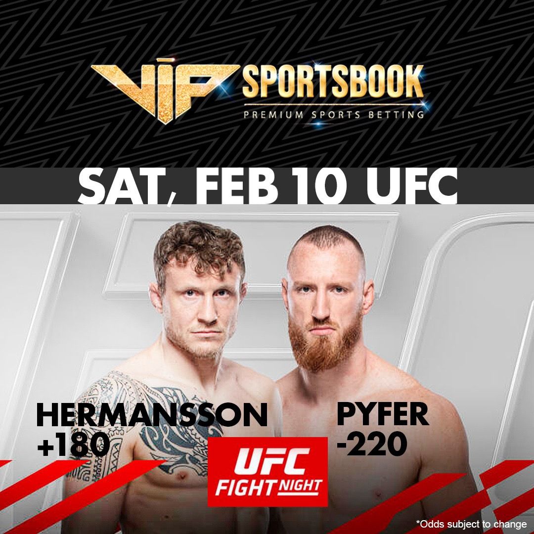 VipSportsCenter's tweet image. It's time to make your predictions for the ultimate clash between Hermansson and Pyfer! Sign up now at vipsportsbook.ag

#VIPSportsbook #HermanssonVsPyfer #FightNightFever #Hermansson #Pyfer
#OctagonClash #FightNight #BattlelntheCage
#OctagonWarriors #UFCShowdown #MMA