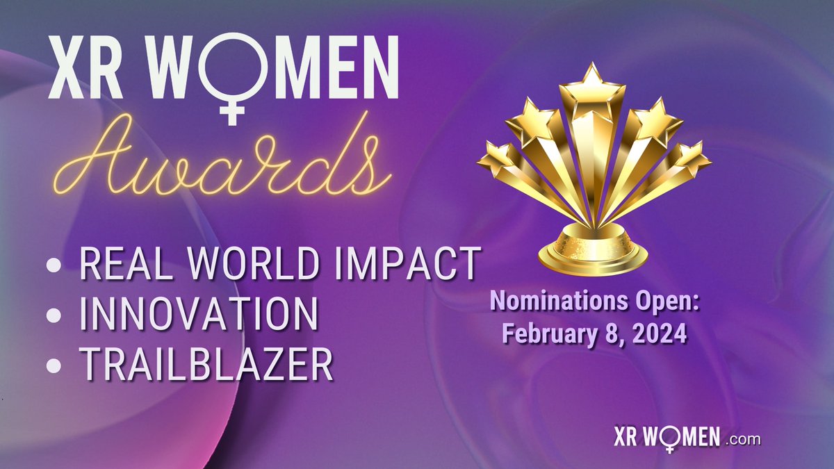 XR Women is excited to announce that nominations are open for the 4th annual XR Women awards! We will be giving out 3 awards. NOMINATIONS MUST BE SUBMITTED BY 2PM US Pacific Time ON WEDNESDAY MAY 1, 2024 Submit your nominations here: lnkd.in/gSH5JMbS #xrwomen #xr