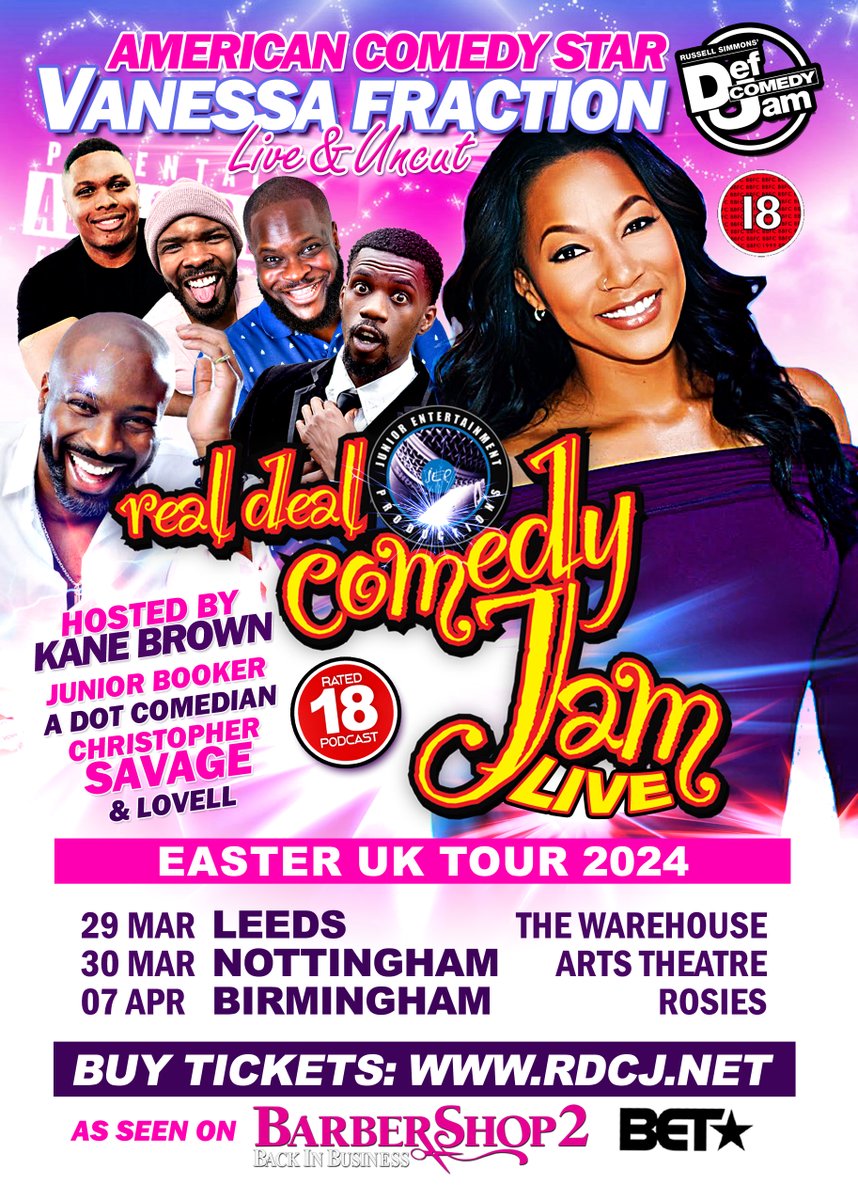 Real Deal Comedy Jam Live is BACK for Easter 2024 in BIRMINGHAM, NOTTINGHAM &amp; LEEDS! starring 🇺🇸 Def Comedy Jam Legend @VanessaFraction (Barbershop 2) hosted by <a href="/kanebrowncomedy/">Kane Brown</a> <a href="/ADOTCOMEDIAN/">AFOLABI DASAOLU</a>  #JuniorBooker #ChristopherSavage #Lovell

BOOK NOW at RDCJ.net