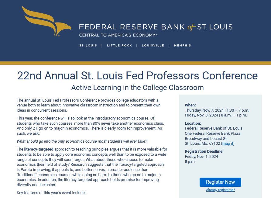 Registration is now available for the 2024 St. Louis Fed #TeachEcon Professors Conference, Nov 7-8, 2024. events.stlouisfed.org/event/ee46ad48…