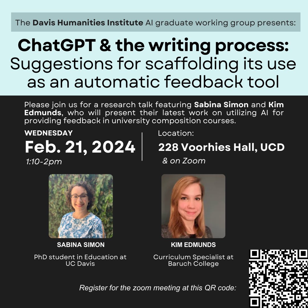 SMinnillo's tweet photo. Interested in learning more about how AI can be used to support writing education? Join our @DavisHumanities grad working group on Feb 21st from 1:10-2pm PST on zoom: https://t.co/YTNi4NchIR https://t.co/Aj76crRg91