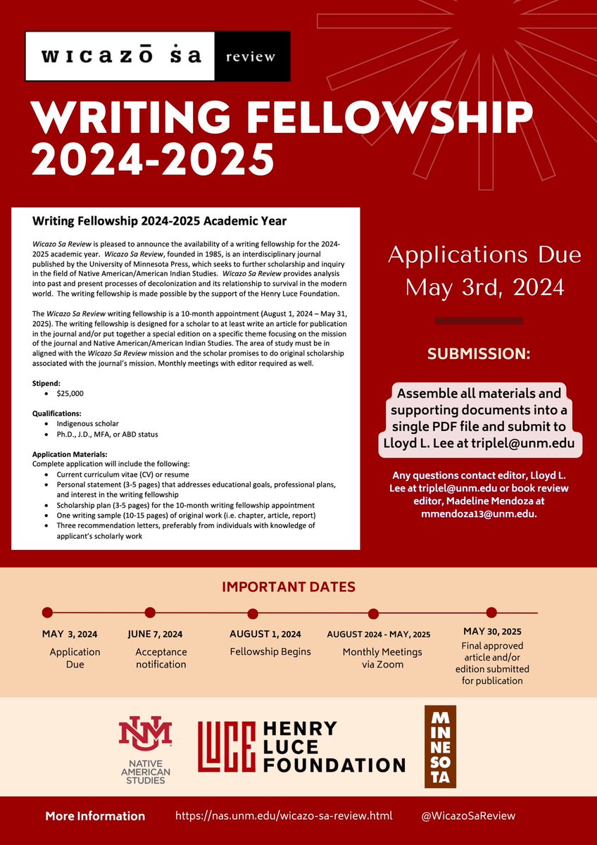 WicazoSaReview's tweet image. Wicazo Sa Review is pleased to announce the availability of a writing fellowship for the 2024-2025 academic year!
Applications Due May 3rd, 2024 📝
Any questions contact editor, Lloyd L. Lee at triplel@unm.edu or book review editor, Madeline Mendoza at mmendoza13@unm.edu