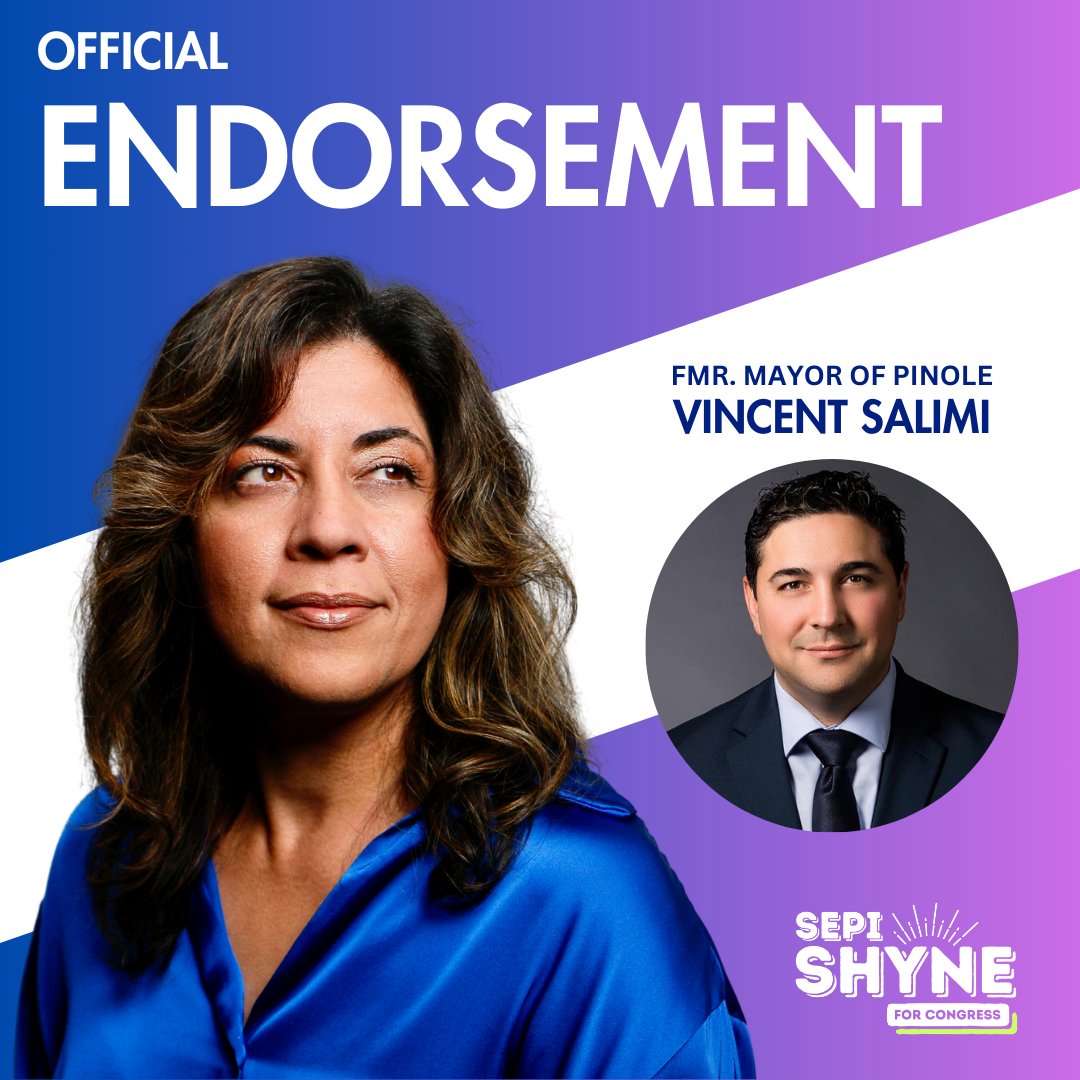 🎉 Endorsement Alert! 🎉 “I am proud to endorse Sepi Shyne for Congress! She is the strong and measured leader we need in Congress to lead us to a unified future where more of us are represented.” --Vincent Salimi Thank you, Vincent! #VincentSalimi #sepishyne