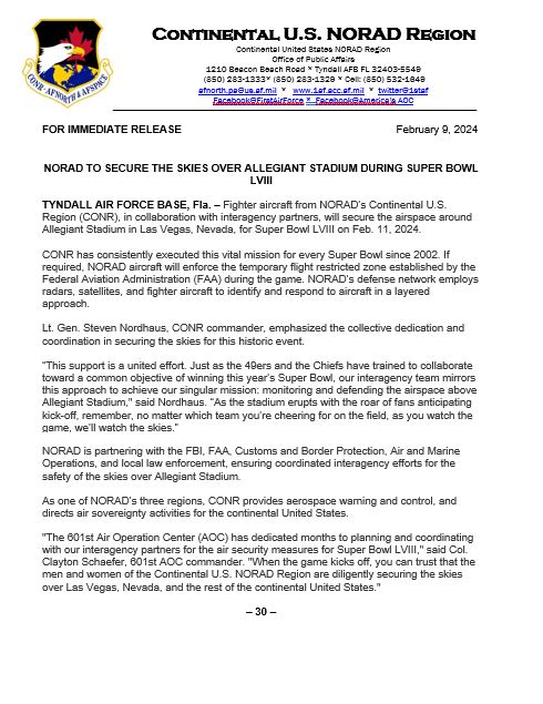 Continental U.S. NORAD Region (CONR) fighter aircraft along w/interagency partners will be securing the skies around the Allegiant Stadium in Paradise, Nevada for Super Bowl LVIII Sunday, Feb. 11. CONR has proudly conducted this particular mission for every Super Bowl since '02. https://t.co/mFYXIUIDSJ