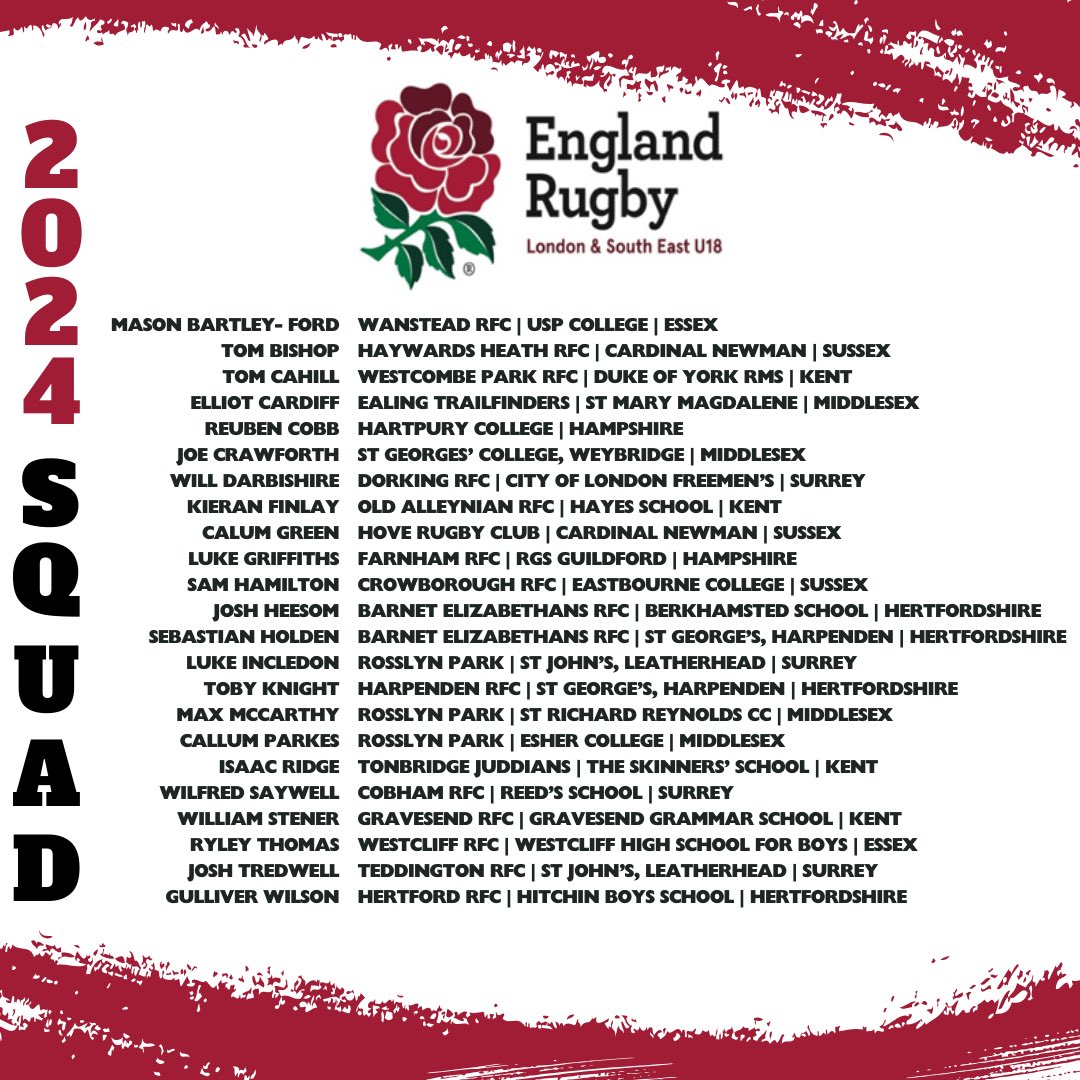 We are delighted to share the London and South East U18 squad for the upcoming divisional weekend and fixtures! Congratulations to all those selected! #rugby #aspiration #talentdevelopment #schoolsrugby #englandrugby