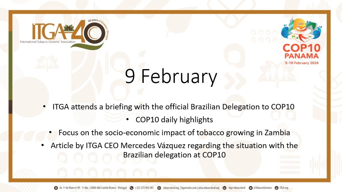 TobaccoGrowers's tweet photo. 👉Follow the link to see ITGA's daily coverage of WHO FCTC #COP10: https://t.co/bJbvUyw7yd

📰Our bulletin is available in English, Spanish and Portuguese  

#ITGA40Years #ITGA #TobaccoGrowers https://t.co/oSRGV9yfd7