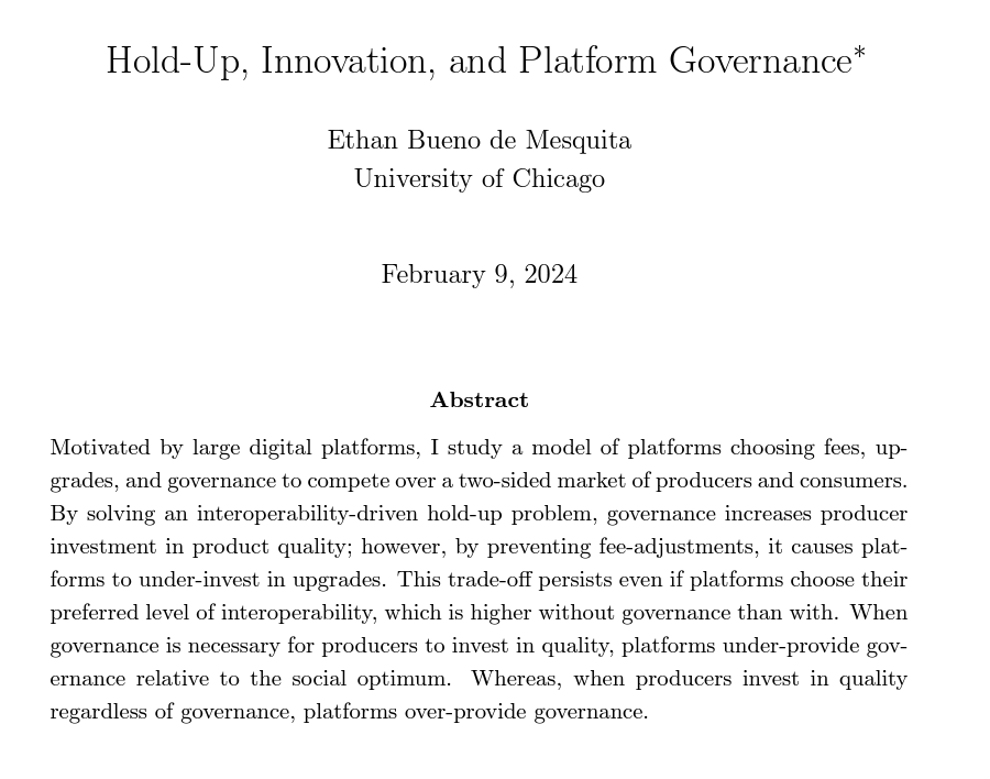 I have a new paper on governance of online platforms. The topic is a bit of a departure for me. Comments more than welcome. voices.uchicago.edu/ethanbdm/files…