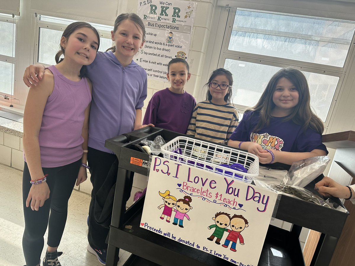 More P.S. I Love You Day fun 💟💜💟 Our @PS58RSSColumbia Student Government sold purple bracelets w/ inspirational sayings during the lunch periods & raised over $200 for mental health awareness👏🏼 #WeCanRKR58 @LAOConnor6 @GregoryRocco58 @MrLuisiSSC58 @CSD31SI @DrMarionWilson