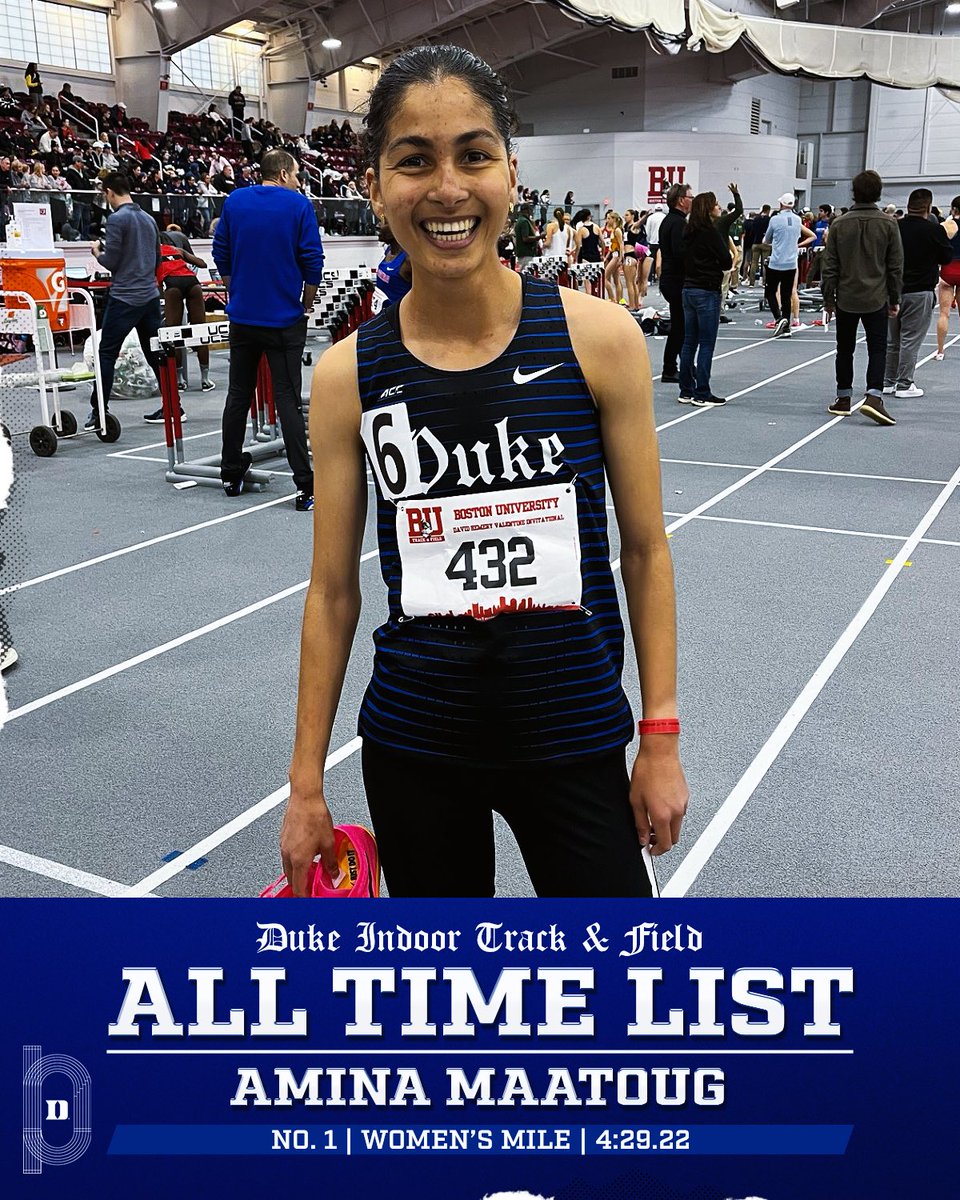 ARE WE EVEN SURPRISED 😈 Amina Maatoug breaks HER OWN 𝐍𝐨. 𝟏 spot on Duke’s All Time List, crushing her record by 𝐨𝐯𝐞𝐫 𝟑 𝐬𝐞𝐜𝐨𝐧𝐝𝐬, and finishing in 4️⃣th place at the BU Valentine Invitational! 🧨 She is now No. 4 in the NCAA🤩✨