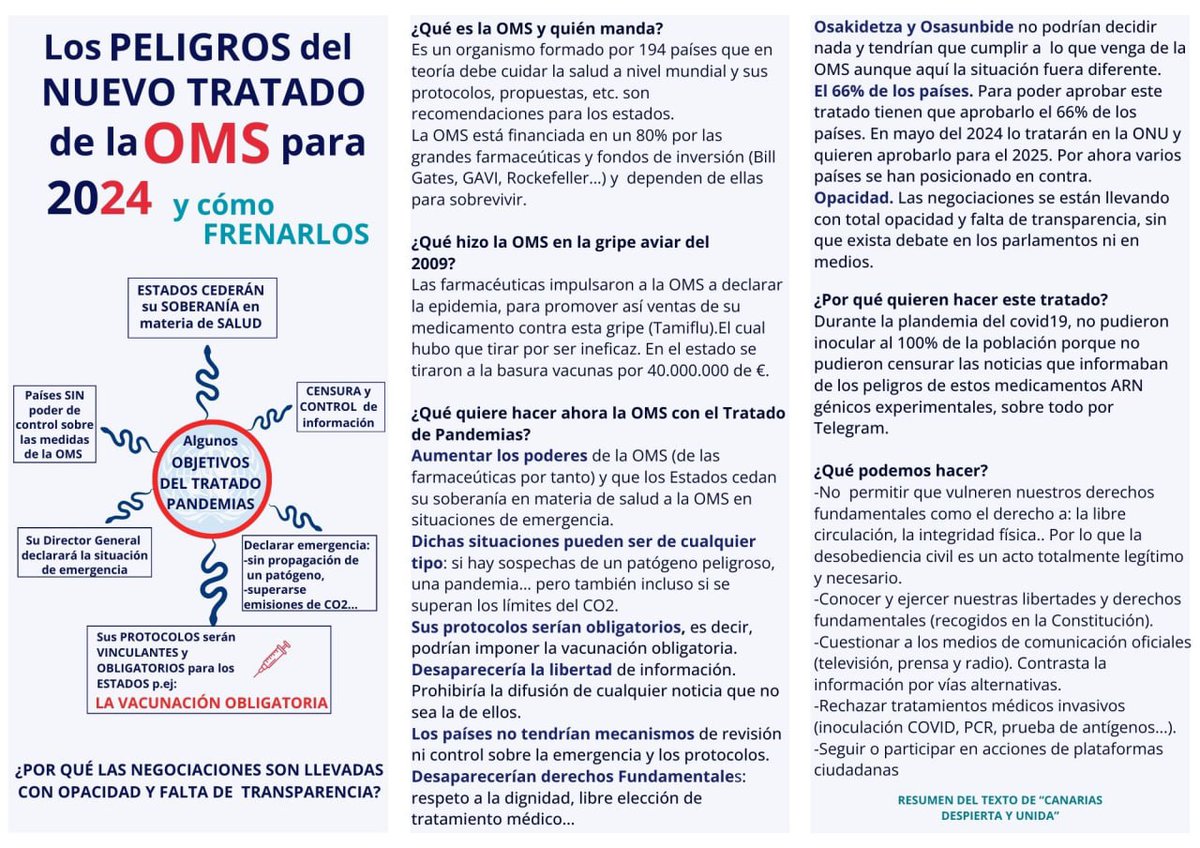 🌐FOLLETO PARA DIFUNDIR EN REDES: los PELIGROS DEL NUEVO TRATADO DE LA OMS PARA 2024.