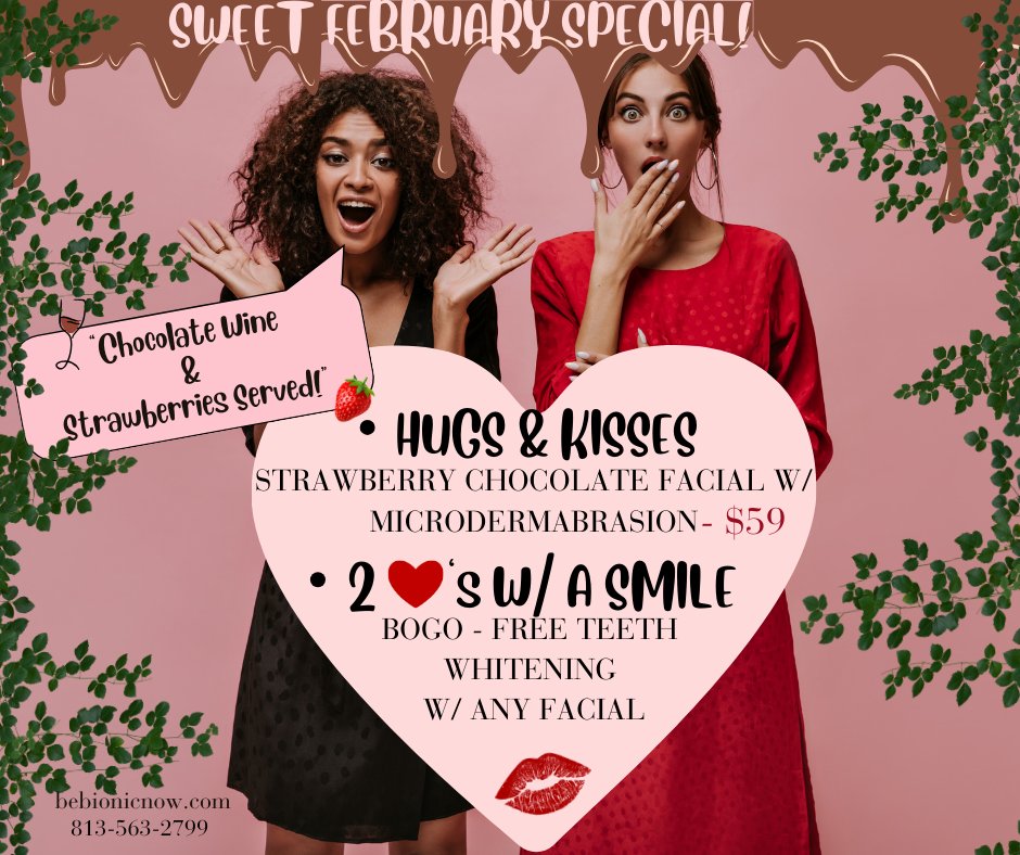 Introducing our February Special! ❤️
For all our lovebirds or our independent ladies, we are offering two deals! 
Hugs &amp; Kisses: Strawberry Chocolate Facial with Microdermabrasion 🍫🍓
OR 
2 Hearts's with A Smile: BOGO - Free Teeth Whitening with Any Facial! 💋
Book w Link in Bio