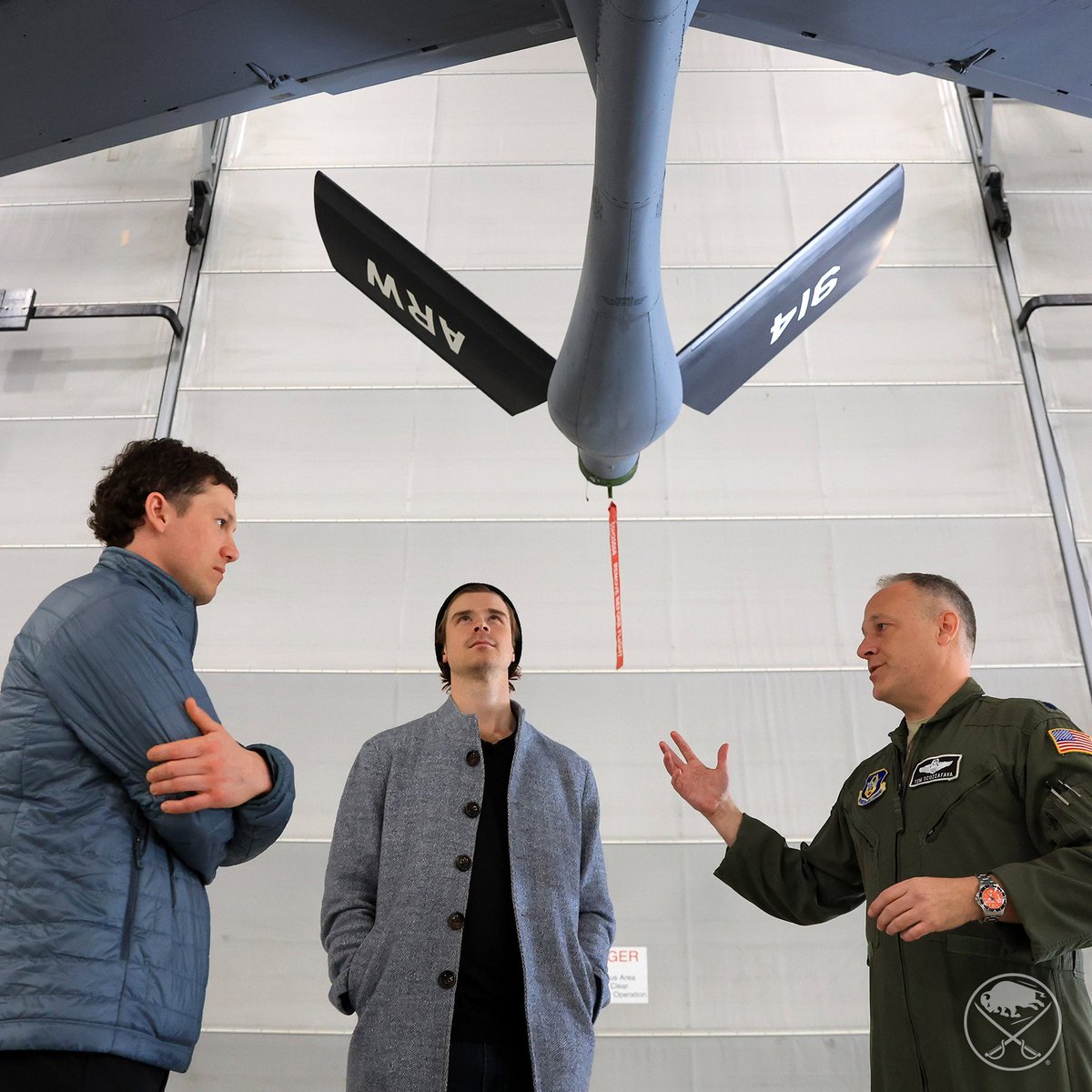 Ahead of Military Appreciation Night next week, Jeff Skinner and Eric Comrie visited the Niagara Falls Air Reserve Station today!

They toured the KC-135R refueling aircraft that has been nicknamed “Sabre 38” and now features a Sabres logo on the nose.