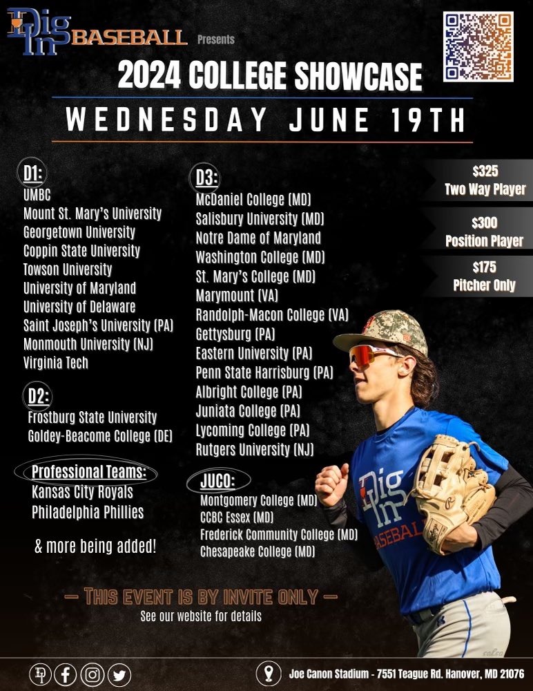 DigInBaseball's tweet photo. Tired of going to tournaments only to have no college coaches attend?

Looking to play directly in front of college coaches?
 
Dig In Baseball is excited to host our INVITE ONLY College Showcase on Wednesday, June 19 at Joe Cannon Stadium in Hanover, MD. This event is bringing over 30 college coaches (along with 2 MLB organizations) across all levels together to watch the top talent from the Mid-Atlantic region all at ONE local location.
 
To be considered, please send your 2023 game stats, metrics, and a coach recommendation to diginbaseball@gmail.com!