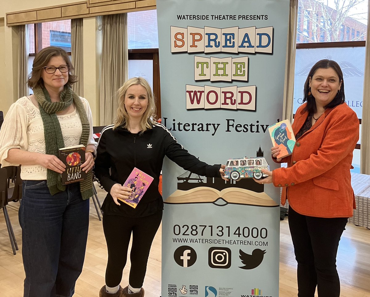 Inspiring, engaging, fun & fab day with authors @absolutelywrite @IdreamofNarnia @KMcCaughrain in schools @movillecc & @StColumbsEng part of @watersidetheatr #SpreadtheWord #LiteraryFestival #Derry #Donegal 📚💚 1/5