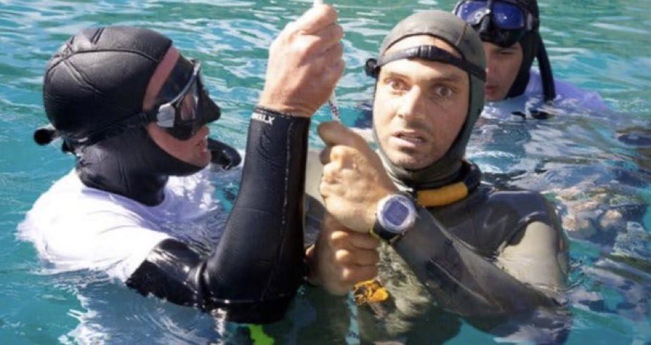 The last known picture of Nicholas Mevoli after his last 'free dive' He was attempting to dive 236ft deep. He completed the dive, surfaced, gave the OK sign, tried to speak, and then he passed out. He never regained consciousness and died later that day from Pulmonary Edema.
