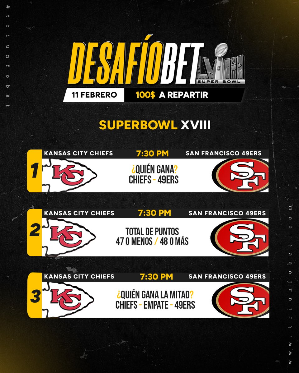 Triunfobet1's tweet photo. EL SUPERBOWL LO VIVIMOS CON UN DESAFIOBET DE 100$ EN X 

La temporada de la NFL llega este domingo con el ganador del Superbowl XVIII y tú puedes ser el o uno de los ganadores de los 100$ de esta semana

Participa siguiendo estas indicaciones:
1⃣ Seguirnos, darle like ❤️ y RT 🔄 a este Tuit.

2⃣ Tener tu perfil verificado en https://t.co/25wJdc7iey con la foto de la cédula y la foto tipo selfie en el usuario.

3⃣ Haber realizado una recarga de mínimo 3$ en la página, tomaremos en cuenta las recargas desde el lunes 5 de febrero hasta empezar la carrera.

4⃣ Dejar tu pronóstico del Superbowl + tu nombre de usuario de Triunfobet 🏆.

De haber varios ganadores el premio será repartido entre las personas que hayan acertado y que cumplan con todas las condiciones.

Recuerden apoyar la cuenta para traerle más sorteos y aumentar los montos 🔥.