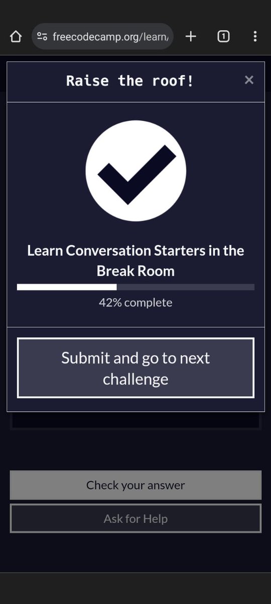 SUMERMULLEN's tweet photo. R3 D36 #100DaysOfCode continued with he A2 English for Developers course continuing with conversations starters in the break room
@freeCodeCamp
✅ Continuing learning by asking about the team lead
, Making 6% progress https://t.co/TrA5IeRmrP