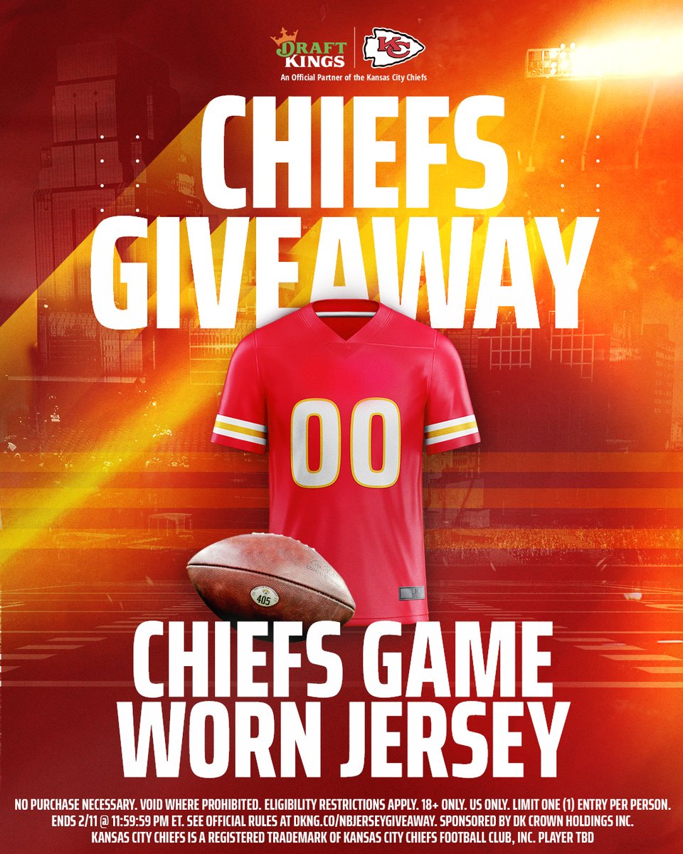 DraftKings (@draftkings) on Twitter photo In honor of Super Bowl LVIII, we're giving away a <a href="/Chiefs/">Kansas City Chiefs</a> game worn jersey!
To enter, simply:
1. Follow <a href="/DraftKings/">DraftKings</a>
2. Retweet this tweet
3. Reply with #DraftKings
RULES: dkng.co/NBJerseyGiveaw… In honor of Super Bowl LVIII, we're giving away a <a href="/Chiefs/">Kansas City Chiefs</a> game worn jersey!
To enter, simply:
1. Follow <a href="/DraftKings/">DraftKings</a>
2. Retweet this tweet
3. Reply with #DraftKings
RULES: dkng.co/NBJerseyGiveaw…