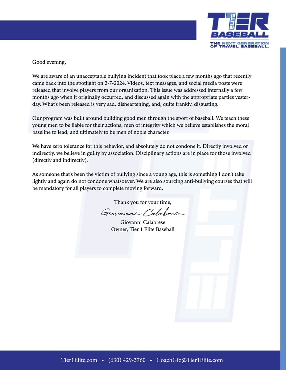 Please see the attached statement.