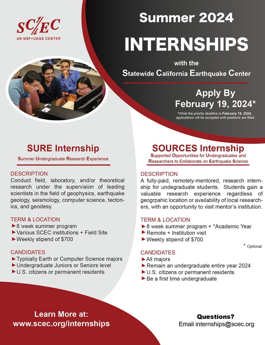 Apply for summer internships with @SCEC and gain valuable experience in #earthquakescience and #STEMresearch. Both remote and in-person opportunities are available. Don't miss out, apply by February 19, 2024! #STEMinternships #PaidOpportunities #SummerResearch #Paidinternship