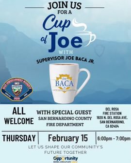 SBCFireChief's tweet photo. @SBCounty @SupervisorBaca will be hosting a Cup of Joe next week in San Bernardino Fire Station 226!  Come join us!
@sbcitygov https://t.co/GH1oTv2LsU