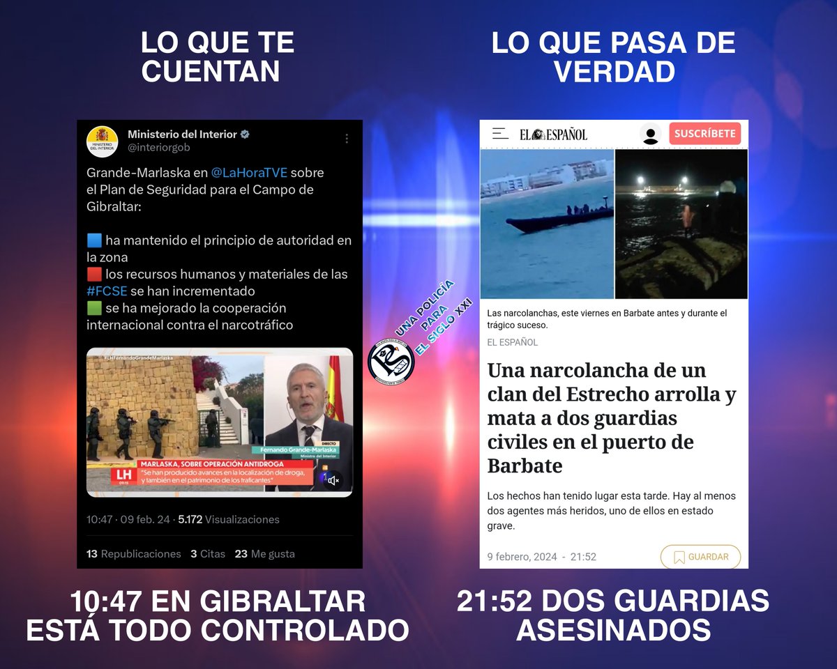 Dos guardias civiles muertos el mismo día que Marlaska presume de que en Gibraltar está todo controlado.

Un modelo policial basado en estadísticas y propaganda para convencerte de que estás seguro en vez darte seguridad de verdad.

Nuestro pesame a las familias. DEP.