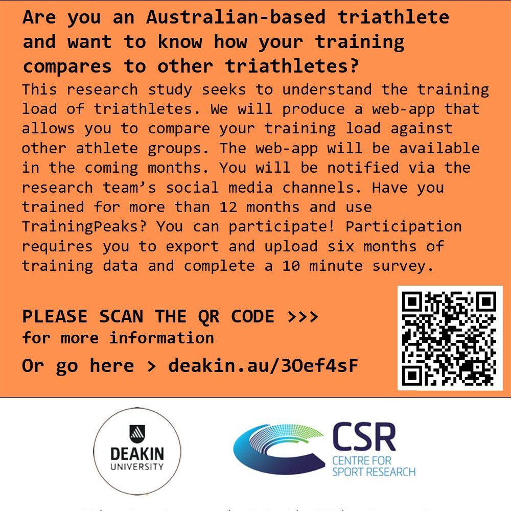 Calling all Australian triathletes! 🏊‍♂️📷 Have 12+ months of triathlon training? 📷 Share your insights & TrainingPeaks data. 📷deakin.au/3Oef4sF👉 #researchstudy #triathlon #triathletes #tritraining #austriathlon #ironmantri #training