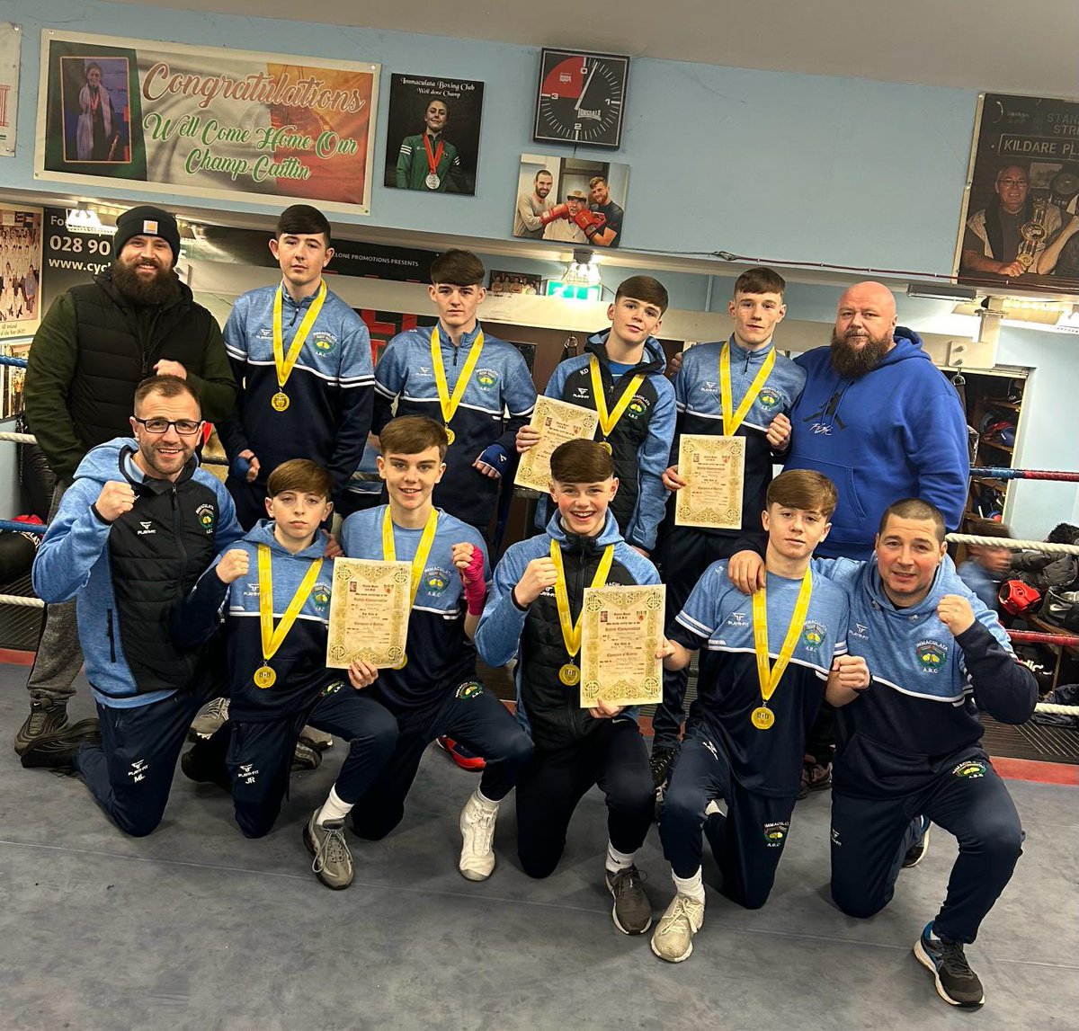 ImmaculataAbc's tweet photo. After a successful Co Antrim’s the Mac team heading to Co Roscommon for the All Ireland’s next month include Jude Reilly, Lee Largey Snoddon, Francie Regan, Pancho Walsh, Kai Dynes, James Rooney, Gerard Smith jr, Zak Murray and Carly Voyle.  Well done team 👏 👏 🥊 https://t.co/1jw3qSaYAO