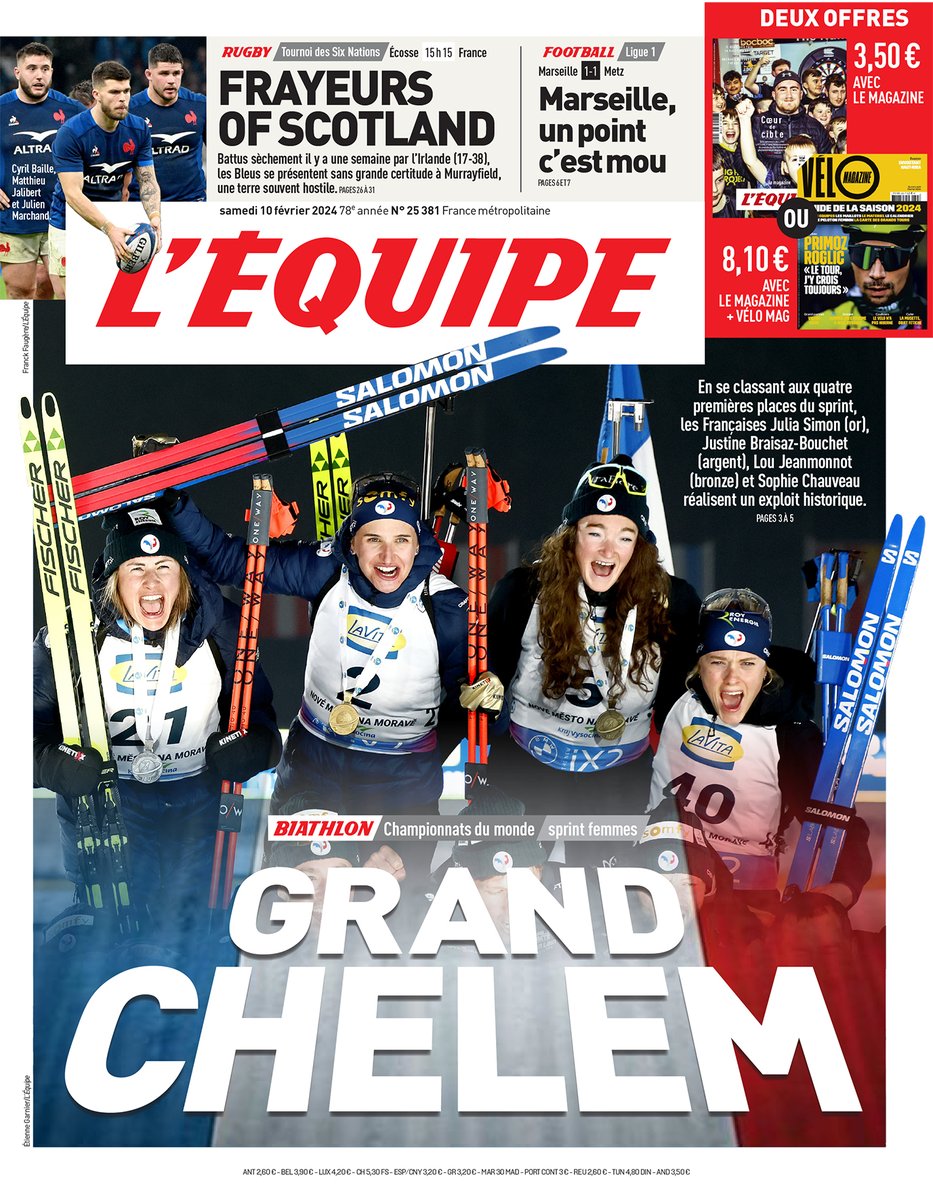 lequipe's tweet photo. La une du journal L'Équipe du samedi 10 février 2024 

#lequipeBIATHLON https://t.co/ELXhXwvfdv