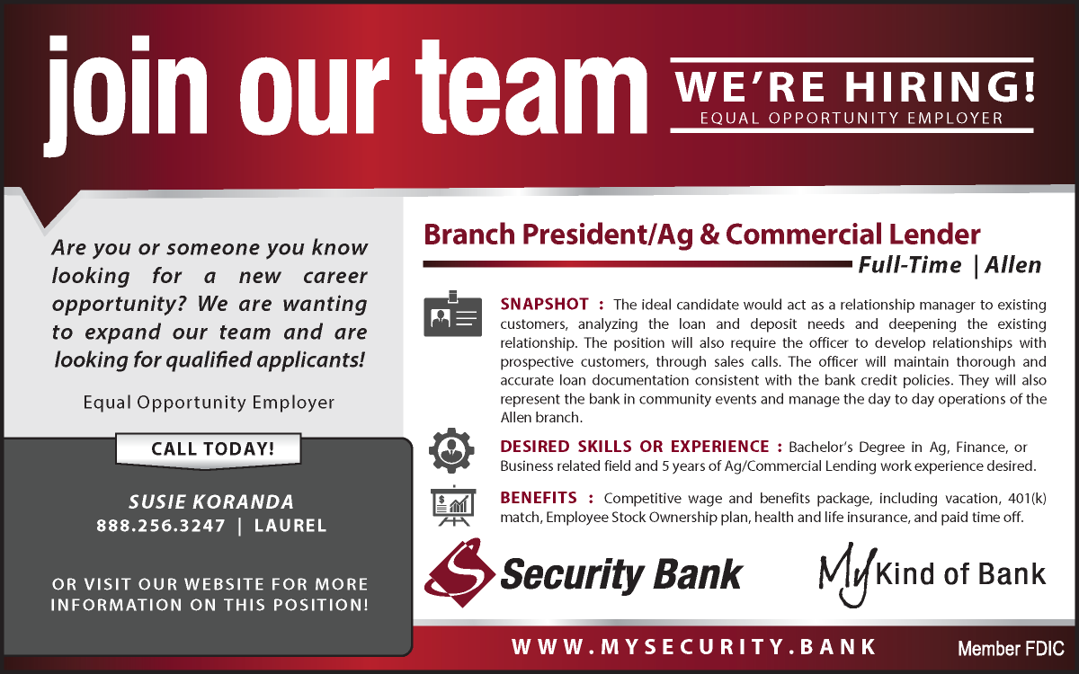 MySECBank's tweet photo. Join Our Team! Security Bank has an immediate Branch President/Ag &amp; Commercial Lender opening in our Allen location. Click the link for more information. https://t.co/Qx7jHLNJX2 #mykindofbank #joinourteam https://t.co/oHtiAPtiDX