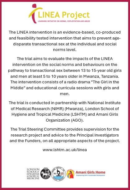 Our colleague @juliepulerwitz has joined the Steering Committee for the LINEA trial where she will provide supervision &amp; advice on the project.

The trial aims to evaluate the impacts of the LINEA intervention in Tanzania. Learn about the LINEA here: bit.ly/3HW2FpX