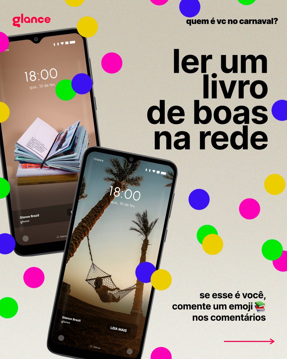 glancescreenbr's tweet photo. A melhor época do ano, também conhecida como ✨Carnaval✨, chegou! 

E a pesquisa Glance quer saber: qual é a sua vibe? 

📚 - Ler um livro de boas na rede
🪩 - Folia todo dia
😴 - Soninho da beleza
🏖️ - Pé na areia, caipirinha, água de coco

#Carnaval2024 #glancescreenbr https://t.co/HdcapmKMWs