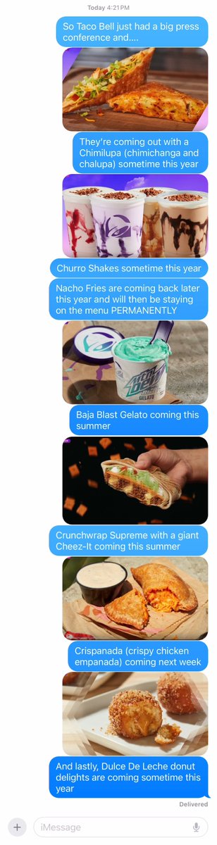 bmwinkel's tweet photo. @tacobell not me mass-texting my friends and family the 2024 new menu items lineup announced during today’s Live Más Live event https://t.co/V63q3CYIsS