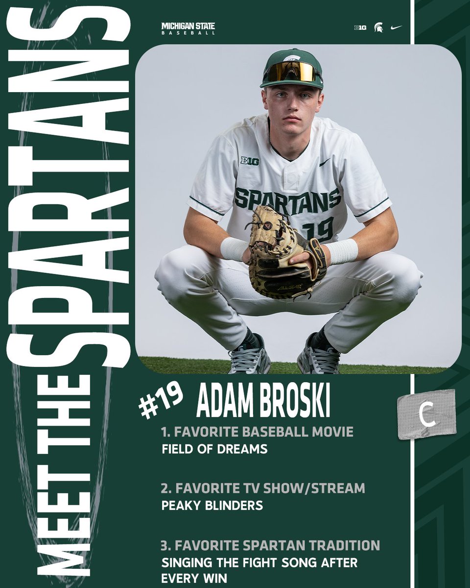 MSUBaseball's tweet photo. Base runners beware... you're bound to be thrown out on the basepaths by order of the Peaky Broski Blinders!!

Starting off our Saturday MEET THE SPARTANS lineup with Adam Broski!!

#GoGreen | @AdamBroski12 https://t.co/KPIbmDVY5X