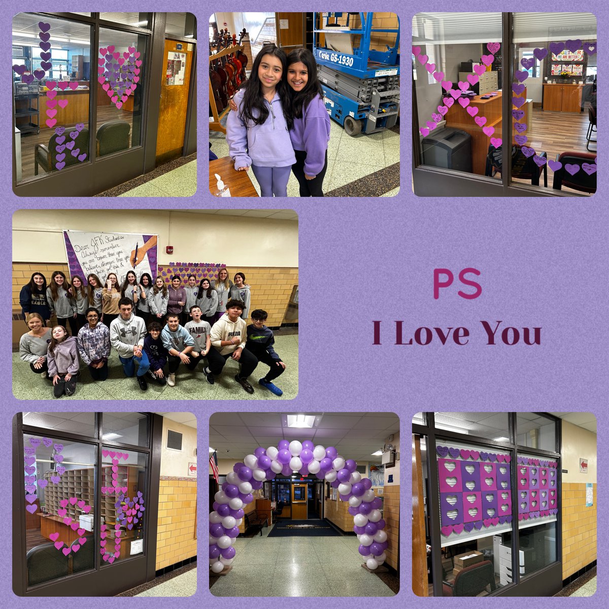In recognition of PS I Love You Day, students wore purple and wrote messages of positivity that will be displayed around the building. These hearts are to remind everyone that they are braver than they believe, stronger than they think, and always have the support of our JFK Team